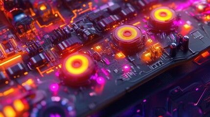 Neon-lit Circuit Board Closeup