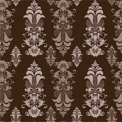 Vintage seamless pattern with floral and damask elements in a baroque style, offering a decorative vector illustration for fabric or wallpaper