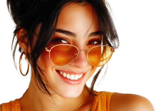 Uruguayan woman smiling in sunglasses and fashion-forward outfit Isolated on transparent Background