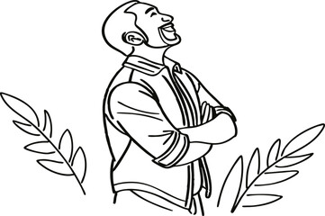 Optimistic Man With Crossed Arms Looks Up And Enjoys Life Surrounded By Leaves
