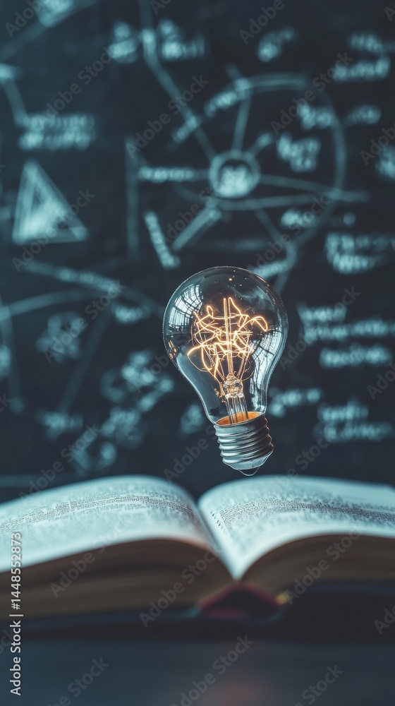 Poster illuminating stem innovation vintage lightbulb igniting knowledge on textbook against chalkboard equ
