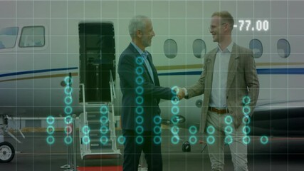 Businessmen shaking hands on airport tarmac beside private jet, showing financial data overlay - Powered by Adobe