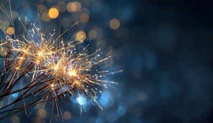Obraz premium Close-up of sparklers glowing against a soft-focus blue background with orange bokeh lights.