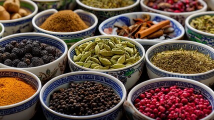 Aromatic spices in ornate bowls create a vibrant, colorful display symbolizing diverse culinary traditions.
