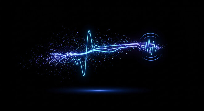 Digital soundwave transforming into vibrating lines on black background