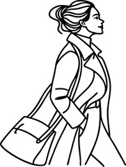 Linear Illustration Of Stylish Woman In Trench Coat With Bag Walking