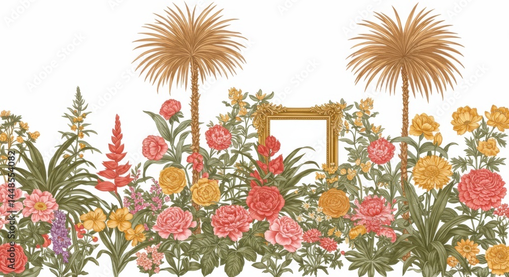 Poster floral arrangement with palm trees and a golden frame on a white background design pattern