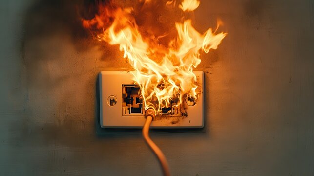 A stunning image of uS Electrical outlet fire caused by plugged-in cord in socket with flames, smoke, sparks. Risks of faulty wiring, short circuit, fire hazards.