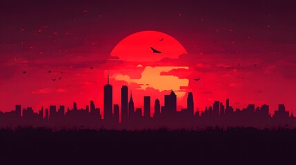 Red Sunset Cityscape Silhouette Dramatic Skyline