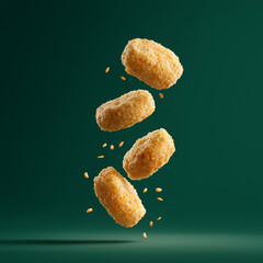 crispy chicken nuggets falling with crumbs on green background