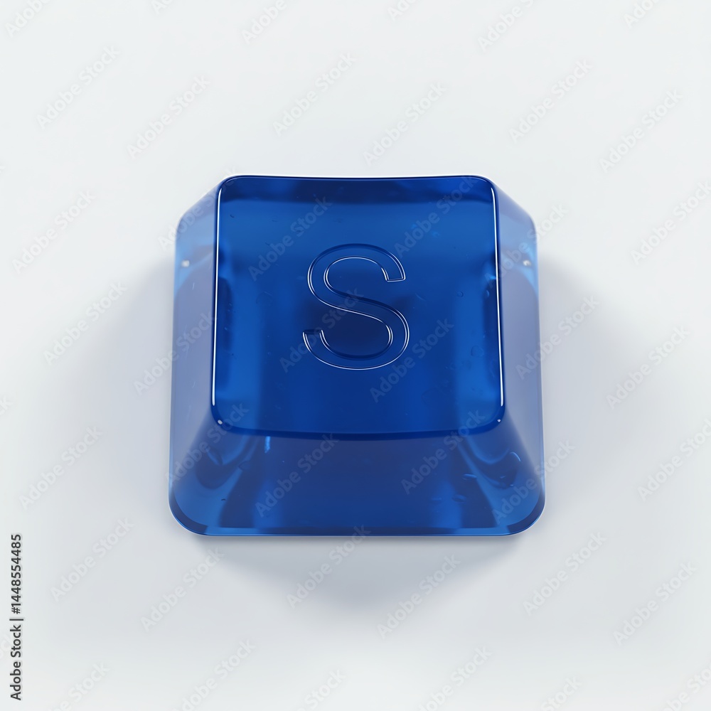 Poster close-up view of a single blue transparent keyboard key with the letter s