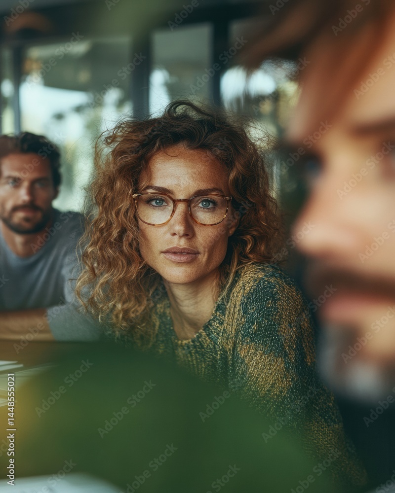 Poster mindful professional empowered mid-career woman in textured knitwear navigating modern workplace dyn