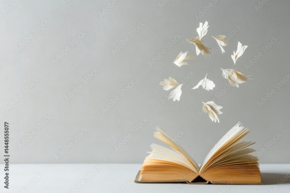 Poster metamorphic imagination ethereal book pages transforming into delicate flora - creative storytelling