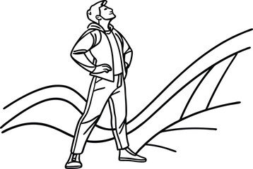 Line Art Illustration Of Man Looking Up Standing On An Abstract Landscape
