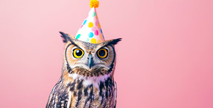 Cute owl wearing a colorful party hat stands against a pink background.