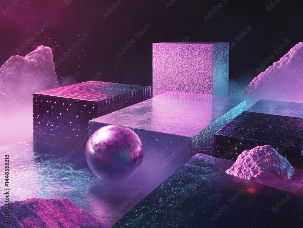 Poster cyberpunk metaverse design immersive digital landscape with holographic platforms, ethereal geometri