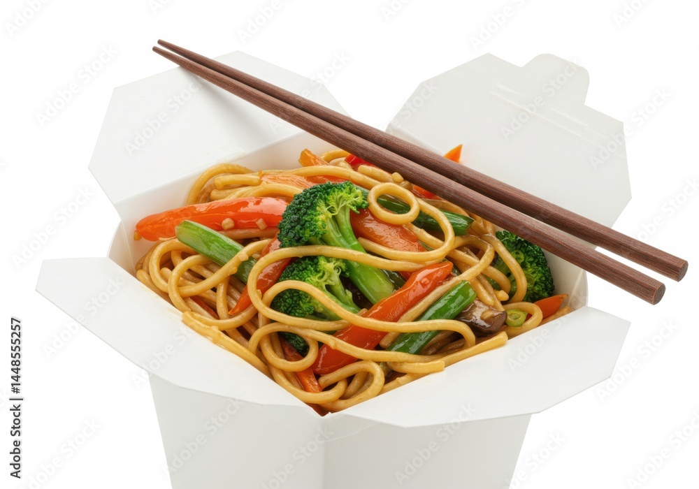 Poster takeout container filled with noodles and vegetables topped with chopsticks on white background