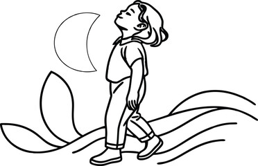 Line Art Illustration Of A Child Walking Under The Moon In Black And White