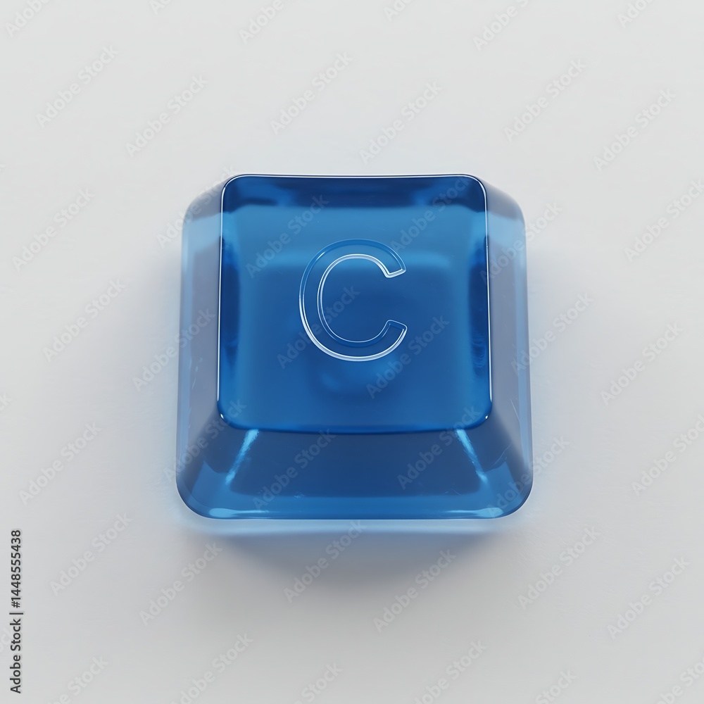 Poster close-up view of a single translucent blue keyboard key with the letter c