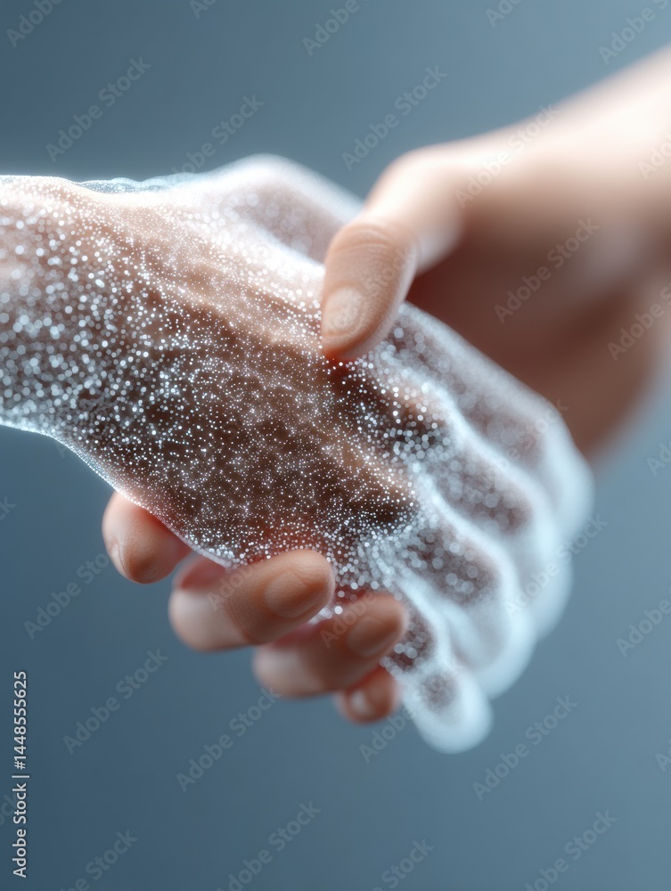 Poster Futuristic Human-AI Symbiosis Transformative Digital Handshake Visualizing Networked Innovation, Technological Convergence and Next-Gen Collaborative Intelligence
