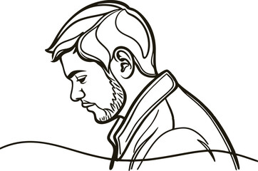 Elegant Line Art Illustration Of A Young Man With Beard In Thoughtful Pose