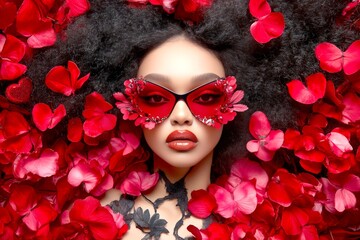 Valentine's day greeting from woman or for woman. Impressive striking image of attractive loving black young girl - commercial promotion visual idea. Love and sparkles. Girl's charming love.