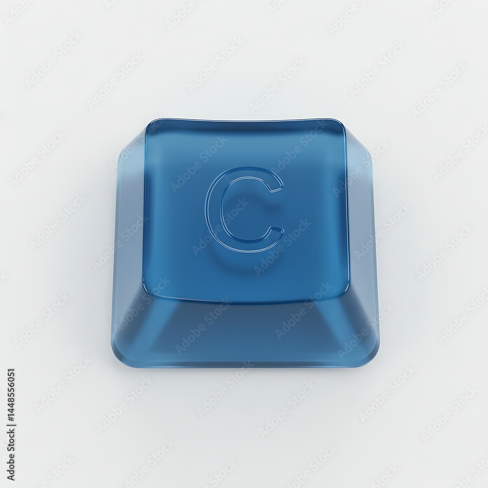 Poster close-up view of a single, translucent blue keyboard key with the letter c