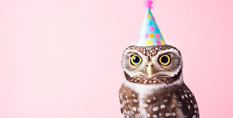 Cute owl wearing a colorful party hat stands against a pink background.