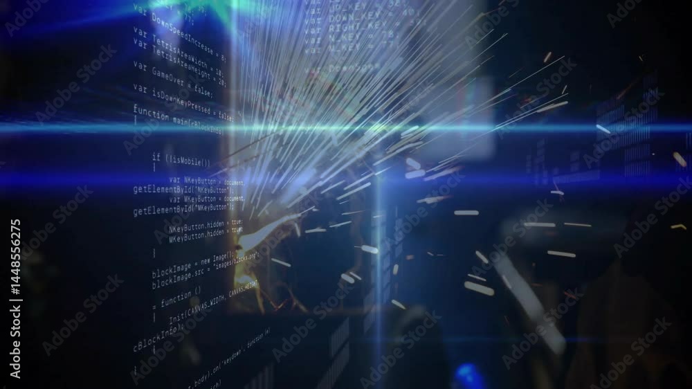 Poster woman wearing vr headset navigating tech interface, streaming code text and holographic data bars