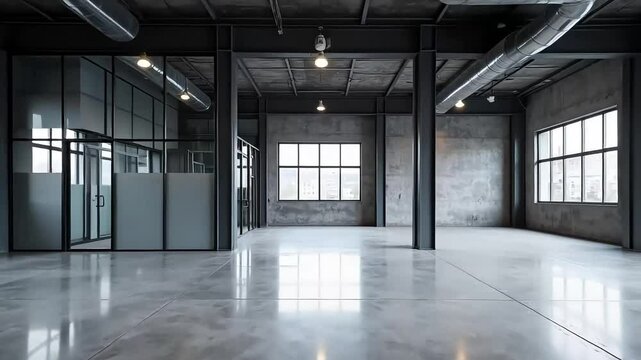 Modern industrial loft space featuring polished concrete floors large windows and exposed ductwork ideal for a commercial property