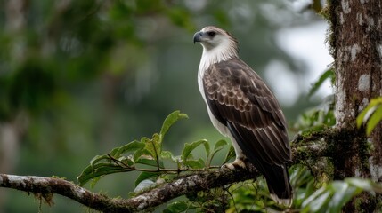 Fototapeta premium White-bellied Sea Eagle Perched on Branch in Lush Forest