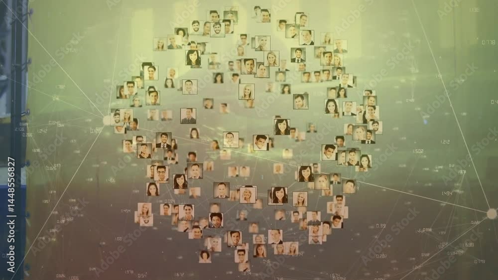 Poster digital headshots floating in virtual data network, showing numeric labels and connecting lines