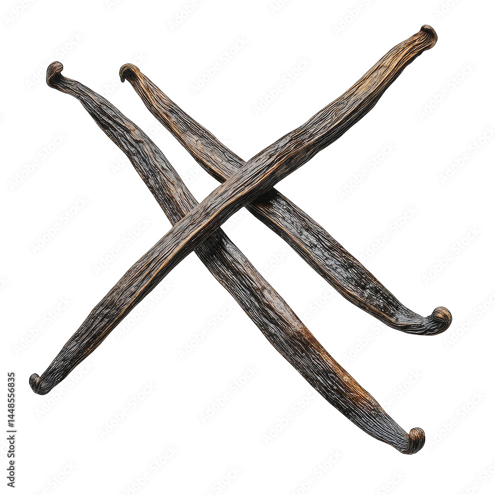 Poster four dark. twisted vanilla pods arranged in an x shape on a plain background. showcasing their uniqu