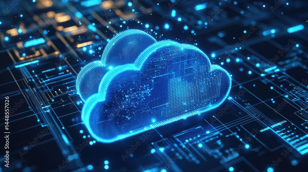 Poster Server room corridor with blue glowing cloud icon and circuit lines, symbolizing cloud computing, virtual infrastructure, and digital technology