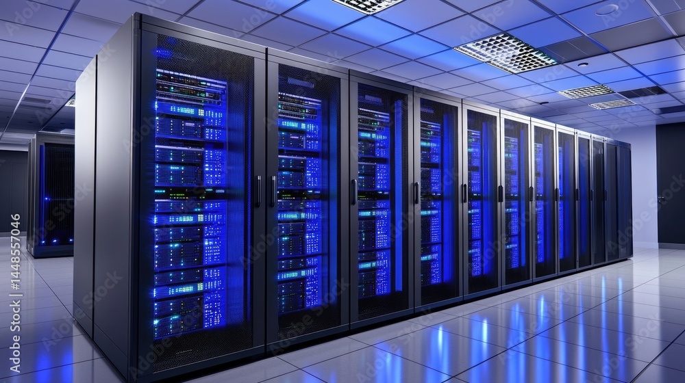 Poster Data server room with high-density cabinets and blue lighting, reflecting modern cloud computing, security infrastructure, and network reliability
