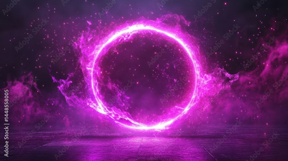 Poster a stunning image of abstract neon sphere of glowing particles and waves on dark backdrop. circle wit
