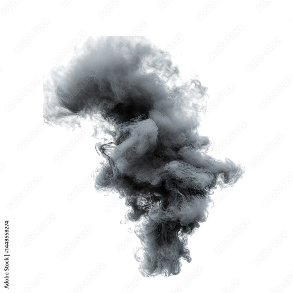 Poster a dramatic cloud of dark smoke billowing upwards against a transparent background. creating a sense 