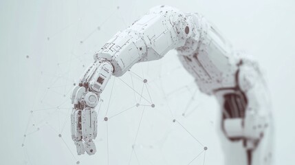 White robotic arm reaching, digital network connection.