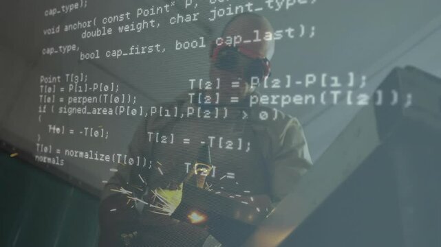 Welder shaping metal with sparking torch in industrial workshop, projector casting code onto wall