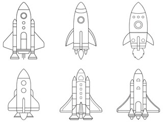 Vector Set of Rocket Icons Line Art, Space Shuttle and Spaceship Logo Designs