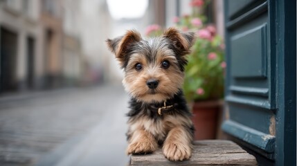 Cute puppy in city setting