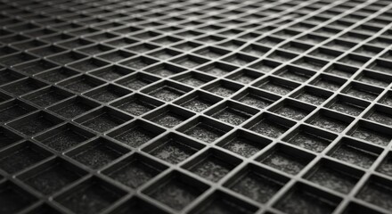 Abstract Grid Pattern Texture - Close-up view of a repeating square grid pattern, dark gray, textured surface. Modern, geometric design