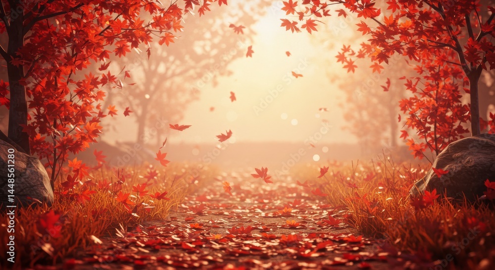 Aufkleber autumn path through red maple trees - serene autumn scene, path covered in red maple leaves, sunligh
