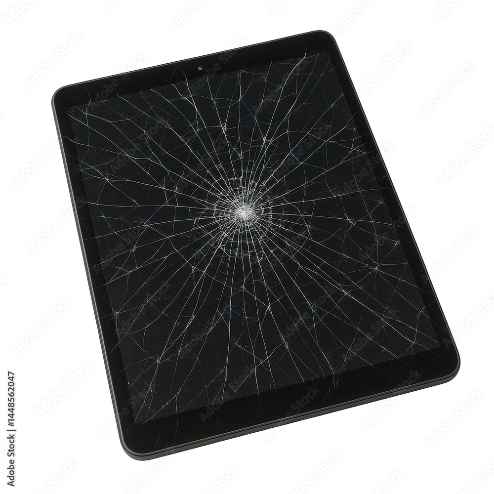 Poster a tablet with a severely cracked black screen showing intricate fracture patterns from a central imp