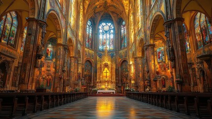 Grand interior of a religious edifice, bathed in golden light.