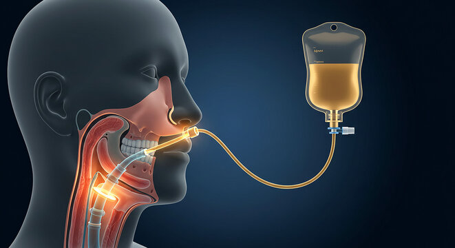 Nasogastric intubation feeding patient receiving nutrients through ng tube directly into stomach