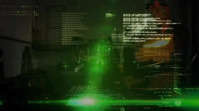 soldier holding tactical rifle while digital code overlays showing technology interface in armory