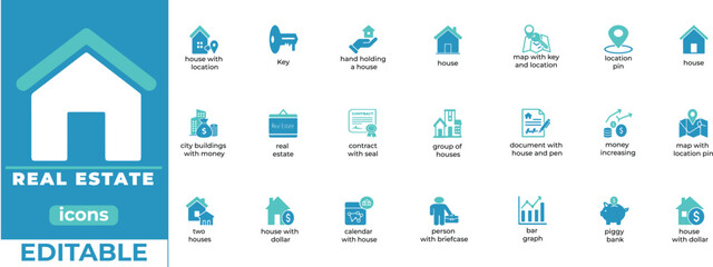 Modern real estate vector icons for property, architecture and urban design. Clean scalable illustrations for apps, presentations and marketing