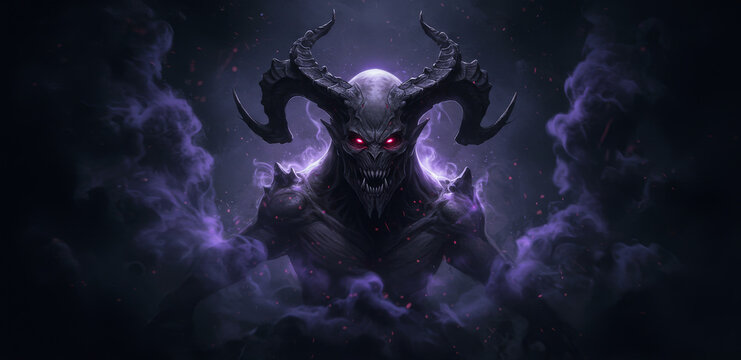 Demon Lord Emerging from Purple Mist - A powerful demon, cloaked in purple energy and mist, symbolizes darkness, evil, mystery, power, and the supernatural