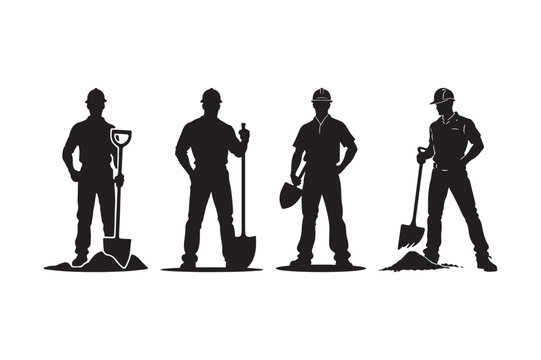 Construction Worker Silhouettes with Shovels Labor Crew Vector Illustration